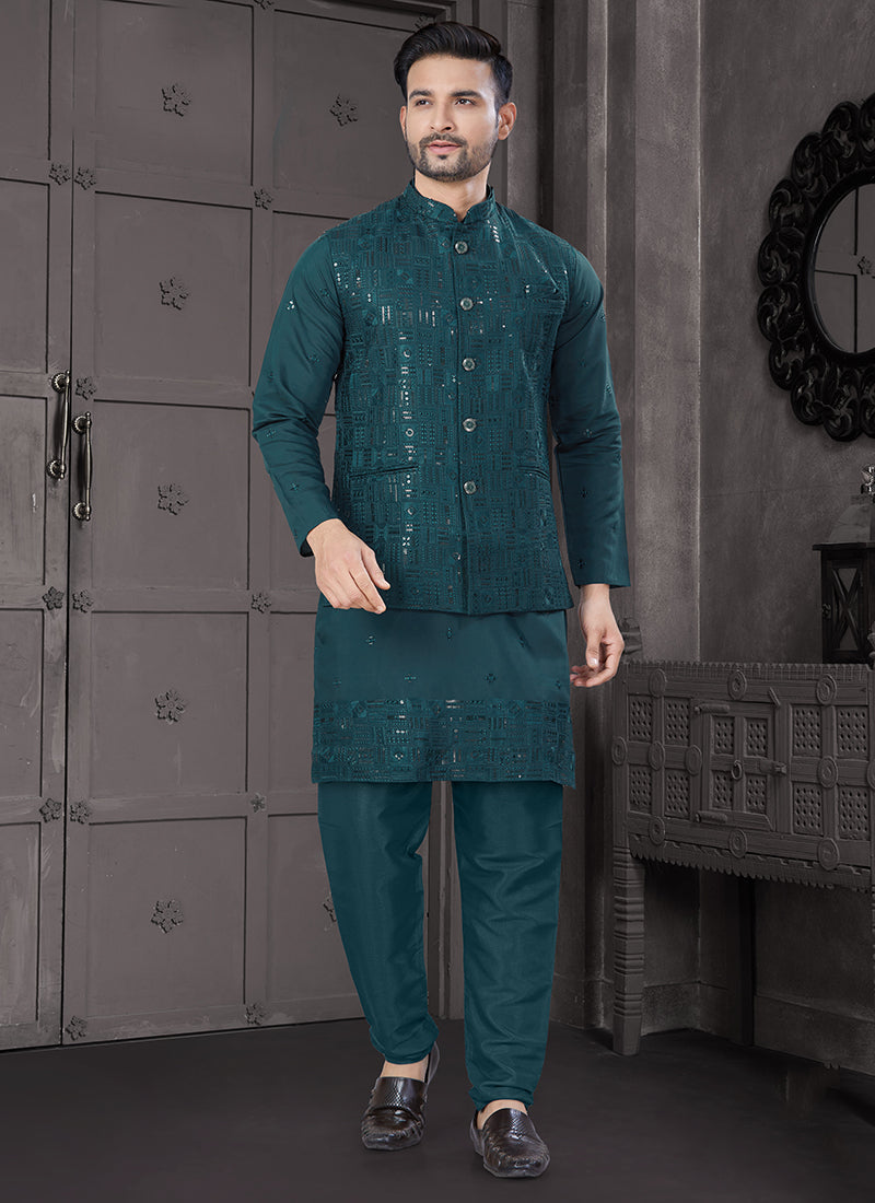 Viscose Rama Festive Wear Embroidery Work Readymade Kurta Pajama