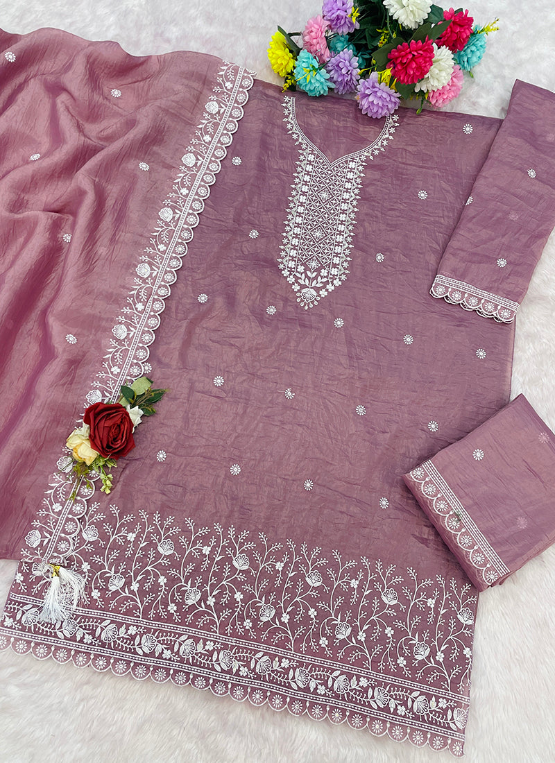 Mauve Gold Crush Embroidery Work Party Wear Sharara Suit SW655485