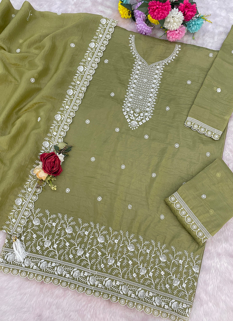 Olive Green Gold Crush Embroidery Work Party Wear Sharara Suit SW701601