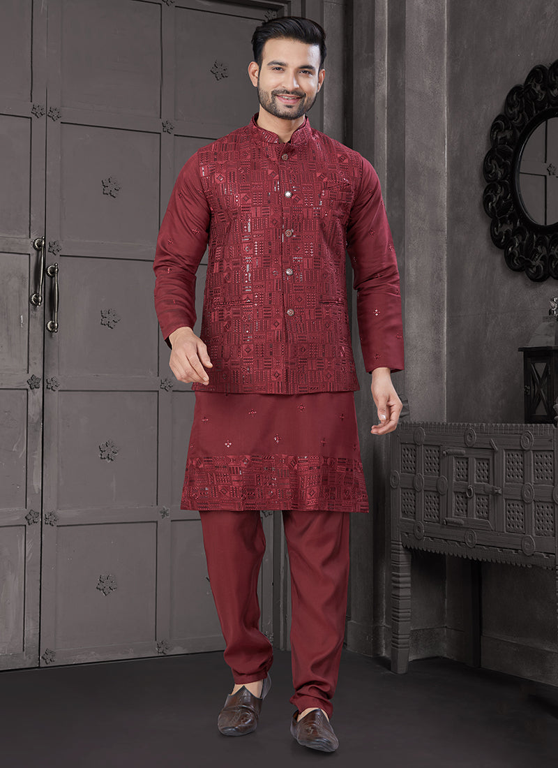Viscose Maroon Festive Wear Embroidery Work Readymade Kurta Pajama