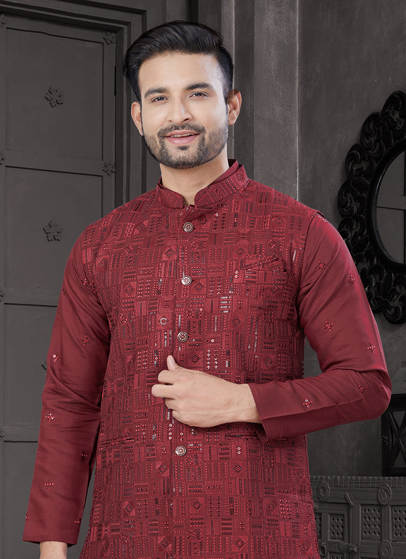 Viscose Maroon Festive Wear Embroidery Work Readymade Kurta Pajama