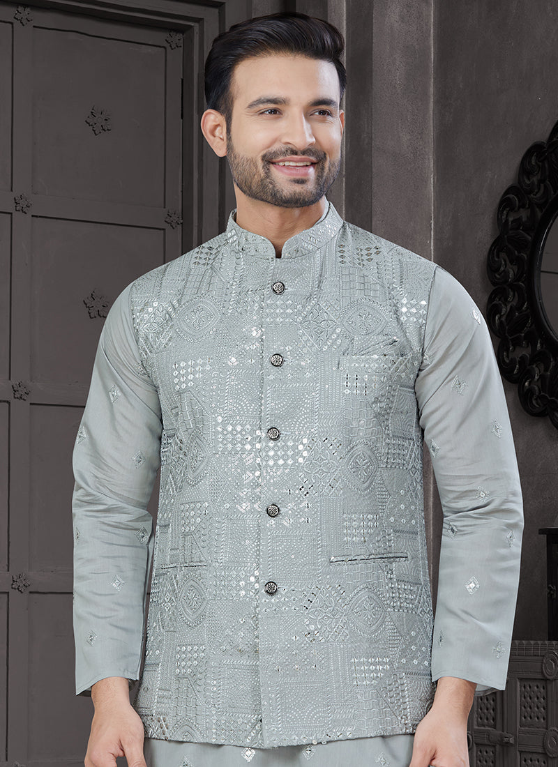 Viscose Grey Festive Wear Embroidery Work Readymade Kurta Pajama