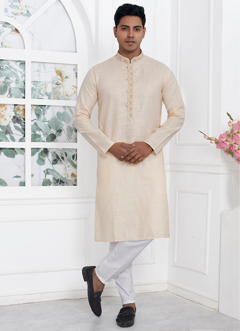 Linen Cotton Beige Traditional Wear Thread Work Kurta Pajama 340569