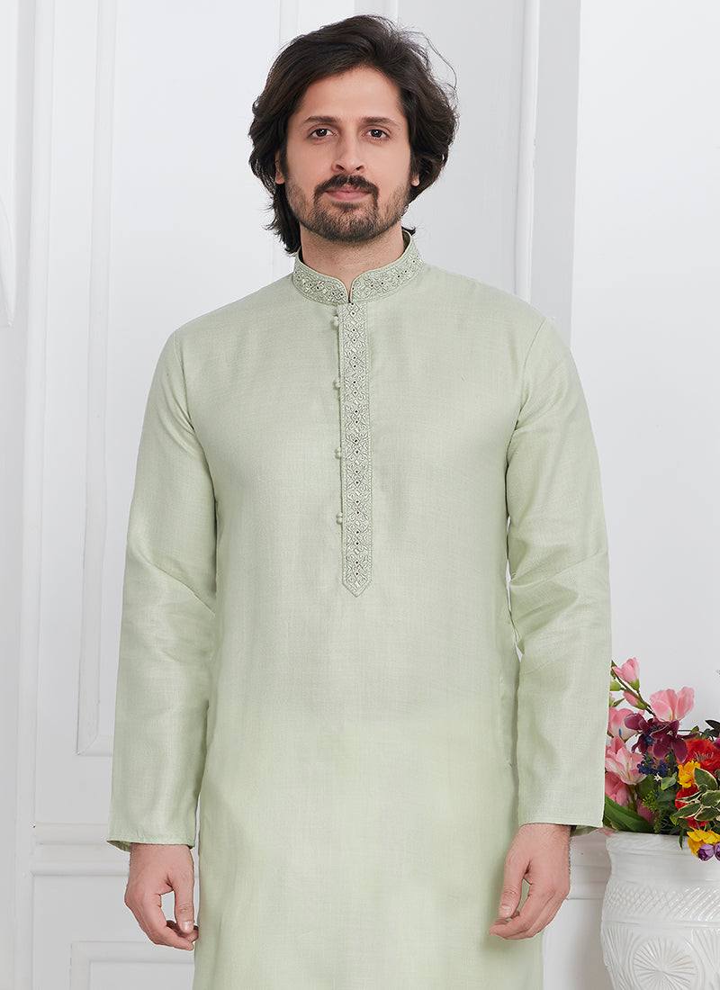 Linen Cotton Pista Green Traditional Wear Thread Work Kurta Pajama 340570
