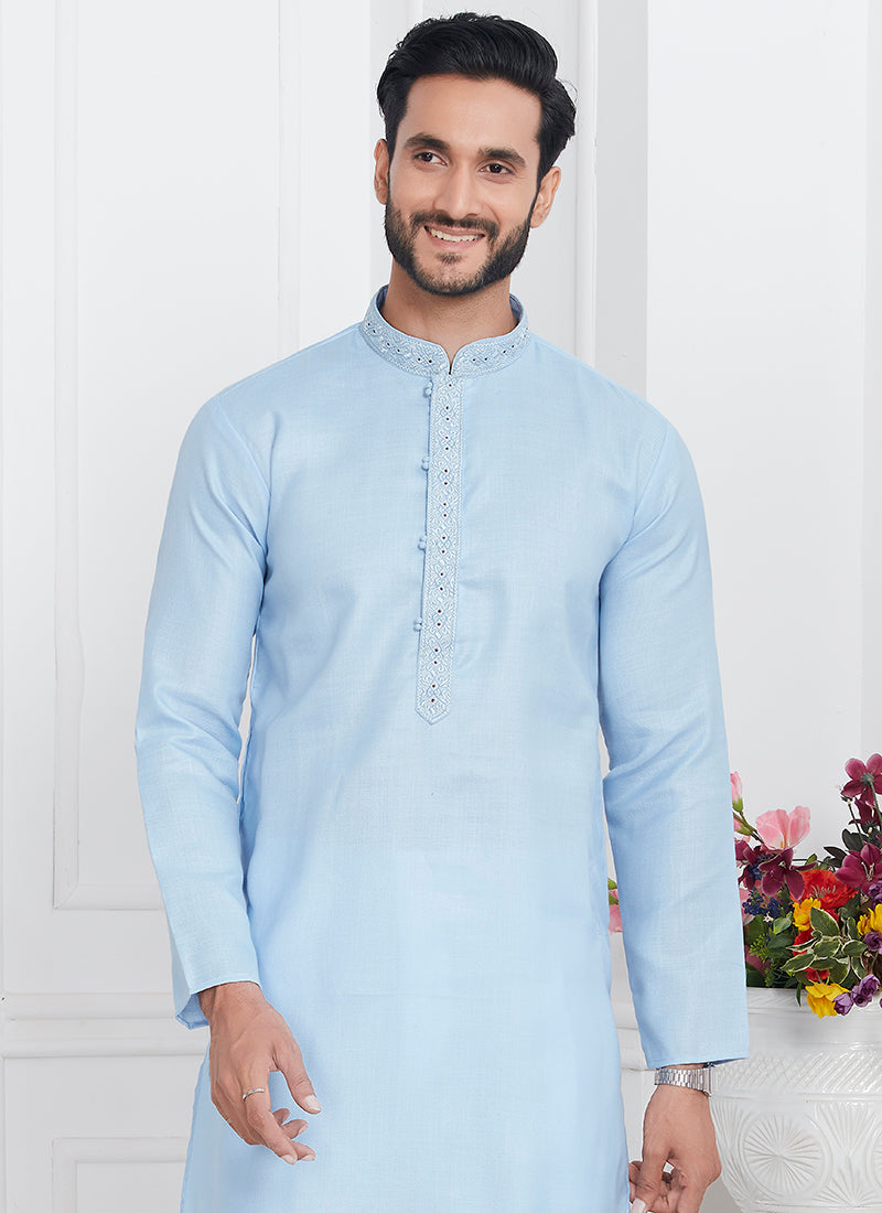 Linen Cotton Blue Traditional Wear Thread Work Kurta Pajama 340571