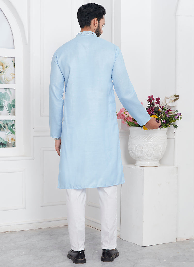 Linen Cotton Blue Traditional Wear Thread Work Kurta Pajama 340571