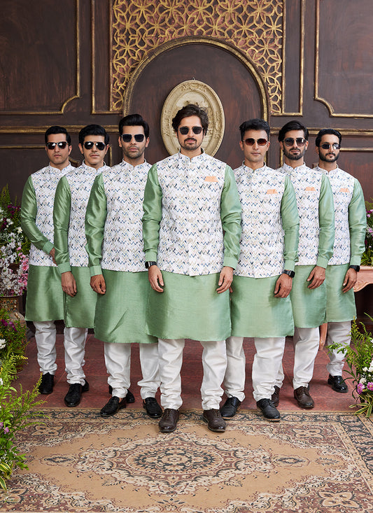 Banarasi Silk Green Wedding Wear Digital Print Radymade Modi Jacket Kurta Pajama 357936
