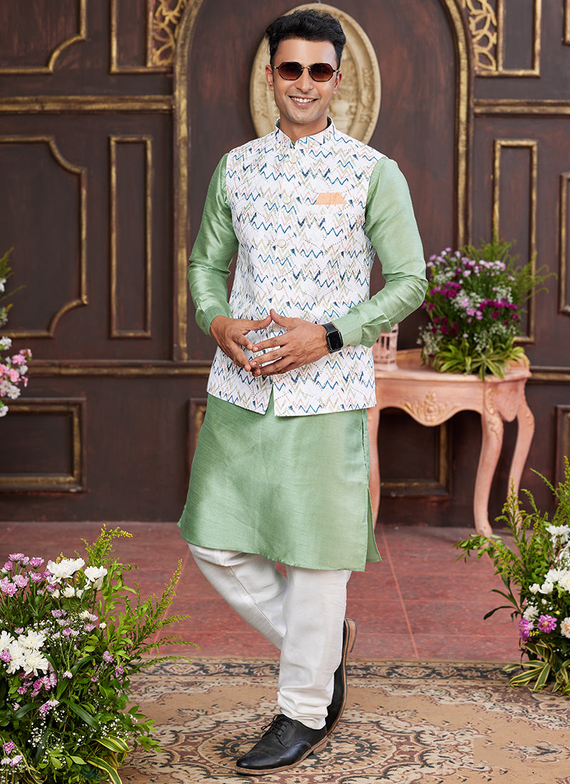 Banarasi Silk Green Wedding Wear Digital Print Radymade Modi Jacket Kurta Pajama 357936