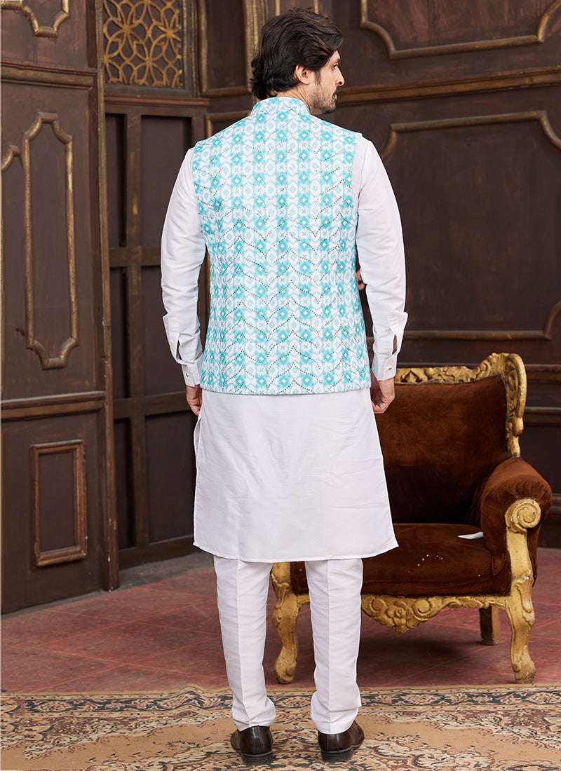 Banarasi Silk Blue Wedding Wear Digital Print Radymade Modi Jacket Kurta Pajama 357937