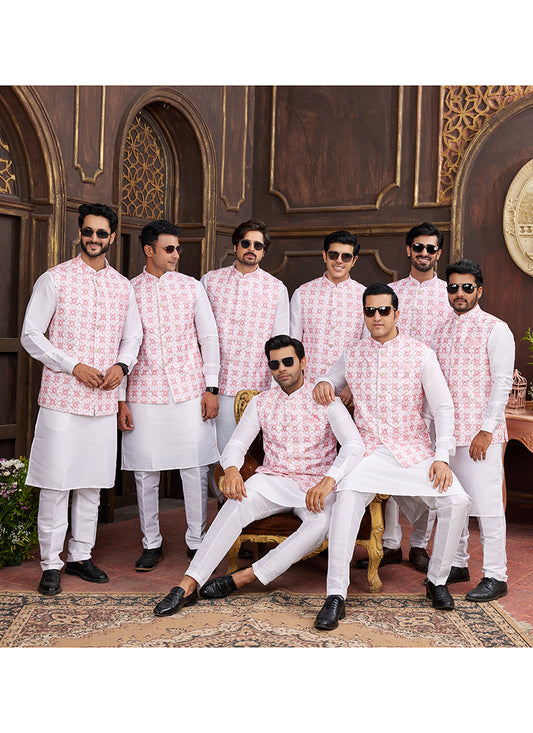 Banarasi Silk Pink Wedding Wear Digital Print Radymade Modi Jacket Kurta Pajama 357938