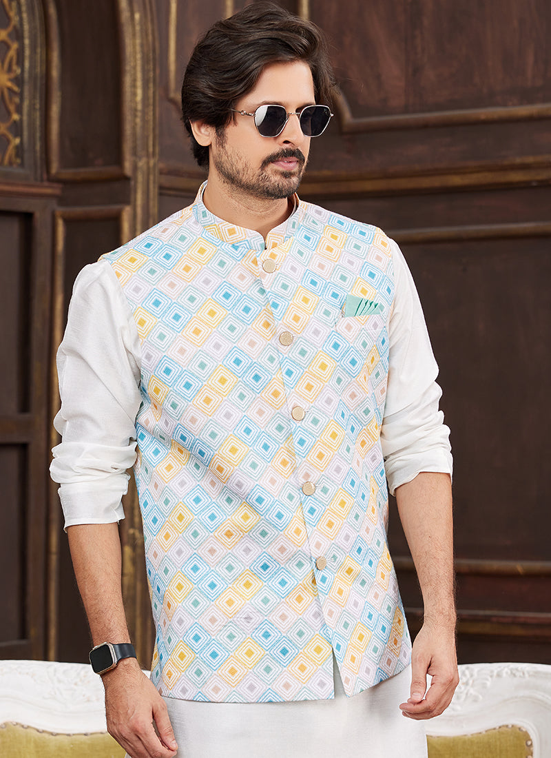 Banarasi Silk Multi Wedding Wear Digital Print Radymade Modi Jacket Kurta Pajama 357939