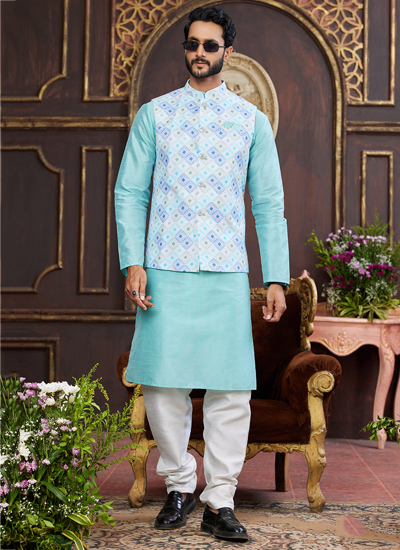 Banarasi Silk Sky Blue Wedding Wear Digital Print Radymade Modi Jacket Kurta Pajama 357940