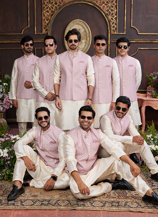 Banarasi Silk Thulian Pink Wedding Wear Digital Print Radymade Modi Jacket Kurta Pajama 357941