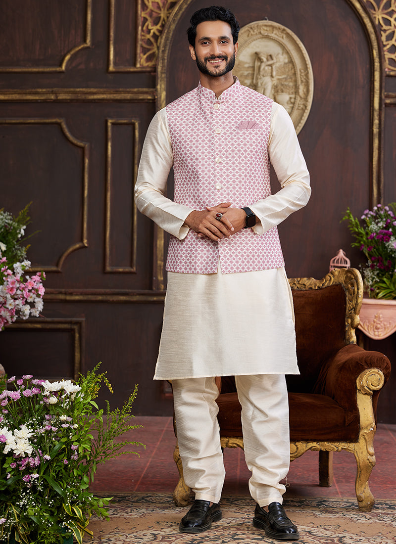 Banarasi Silk Thulian Pink Wedding Wear Digital Print Radymade Modi Jacket Kurta Pajama 357941