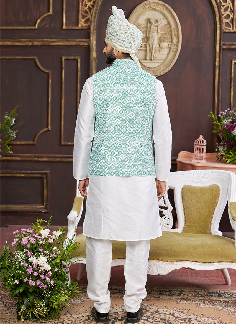 Banarasi Silk Sea Blue Wedding Wear Digital Print Radymade Modi Jacket Kurta Pajama 357943