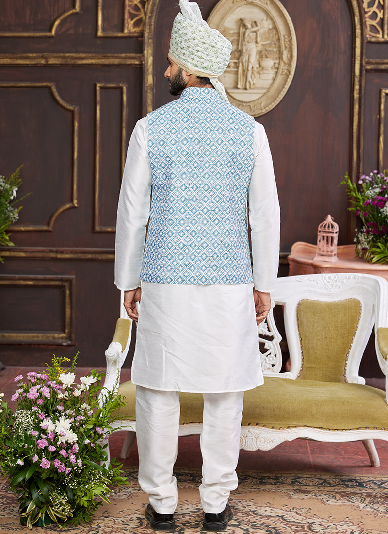 Banarasi Silk Blue Wedding Wear Digital Print Radymade Modi Jacket Kurta Pajama 357944