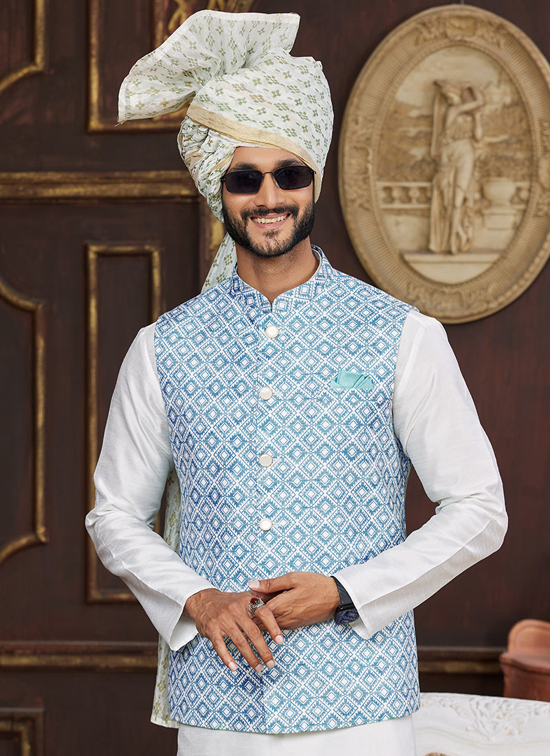 Banarasi Silk Blue Wedding Wear Digital Print Radymade Modi Jacket Kurta Pajama 357944