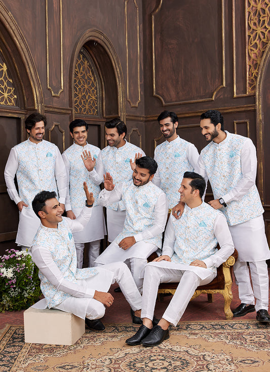 Banarasi Silk Multi Wedding Wear Digital Print Radymade Modi Jacket Kurta Pajama 357945