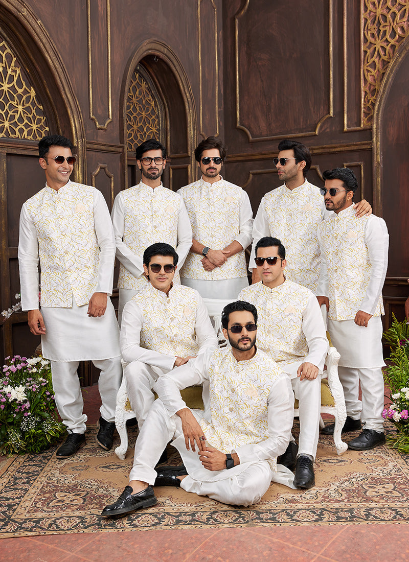 Banarasi Silk While Wedding Wear Digital Print Radymade Modi Jacket Kurta Pajama 357946