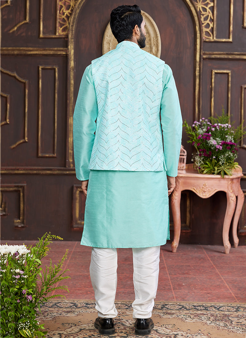 Banarasi Silk Sea Blue Wedding Wear Digital Print Radymade Modi Jacket Kurta Pajama 357947