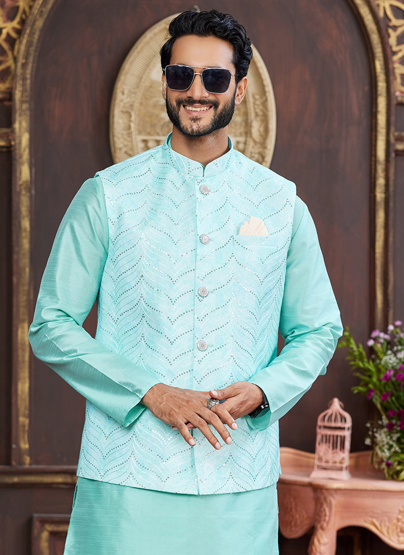 Banarasi Silk Sea Blue Wedding Wear Digital Print Radymade Modi Jacket Kurta Pajama 357947