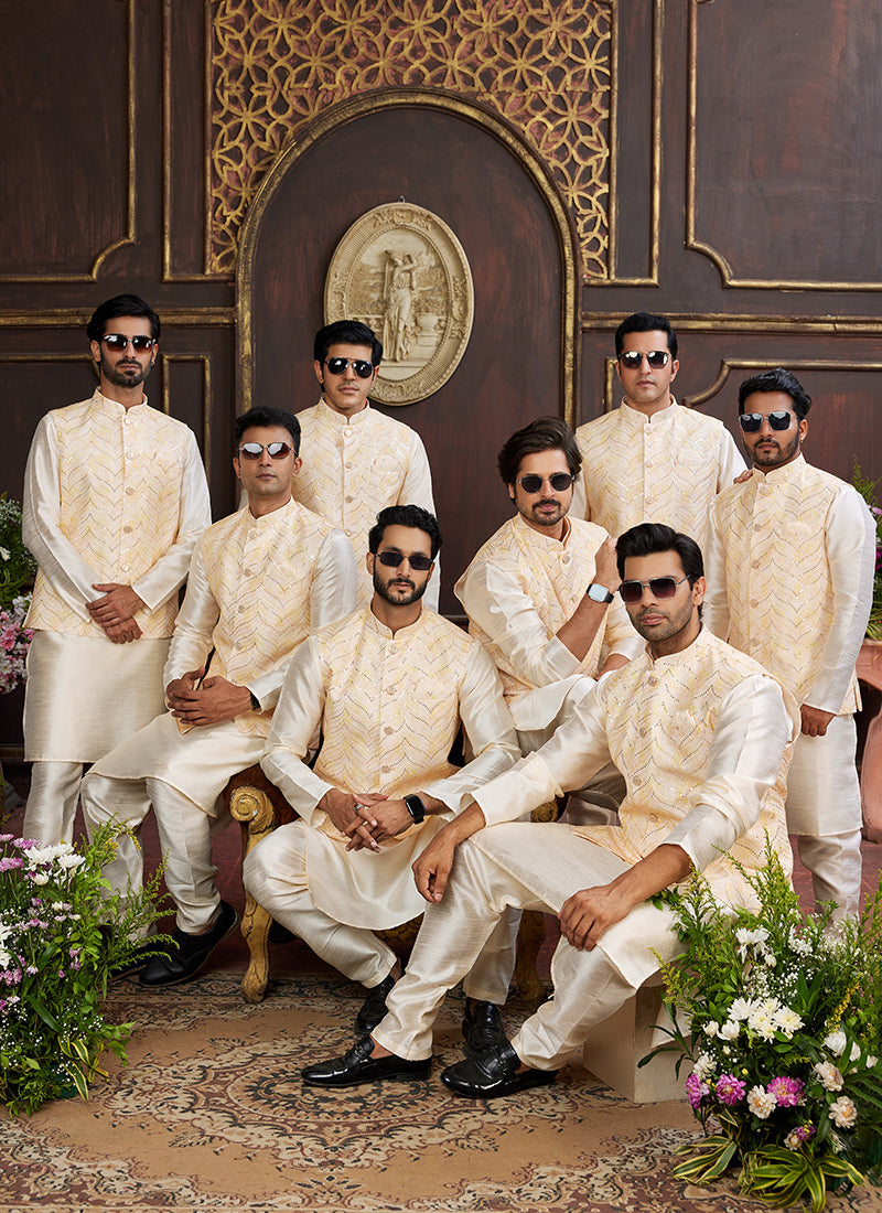 Banarasi Silk Off White Wedding Wear Digital Print Radymade Modi Jacket Kurta Pajama 357948