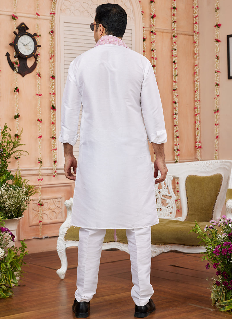 Art Silk Off White Festival Wear Plain Readymade Kurta Pajama 366830