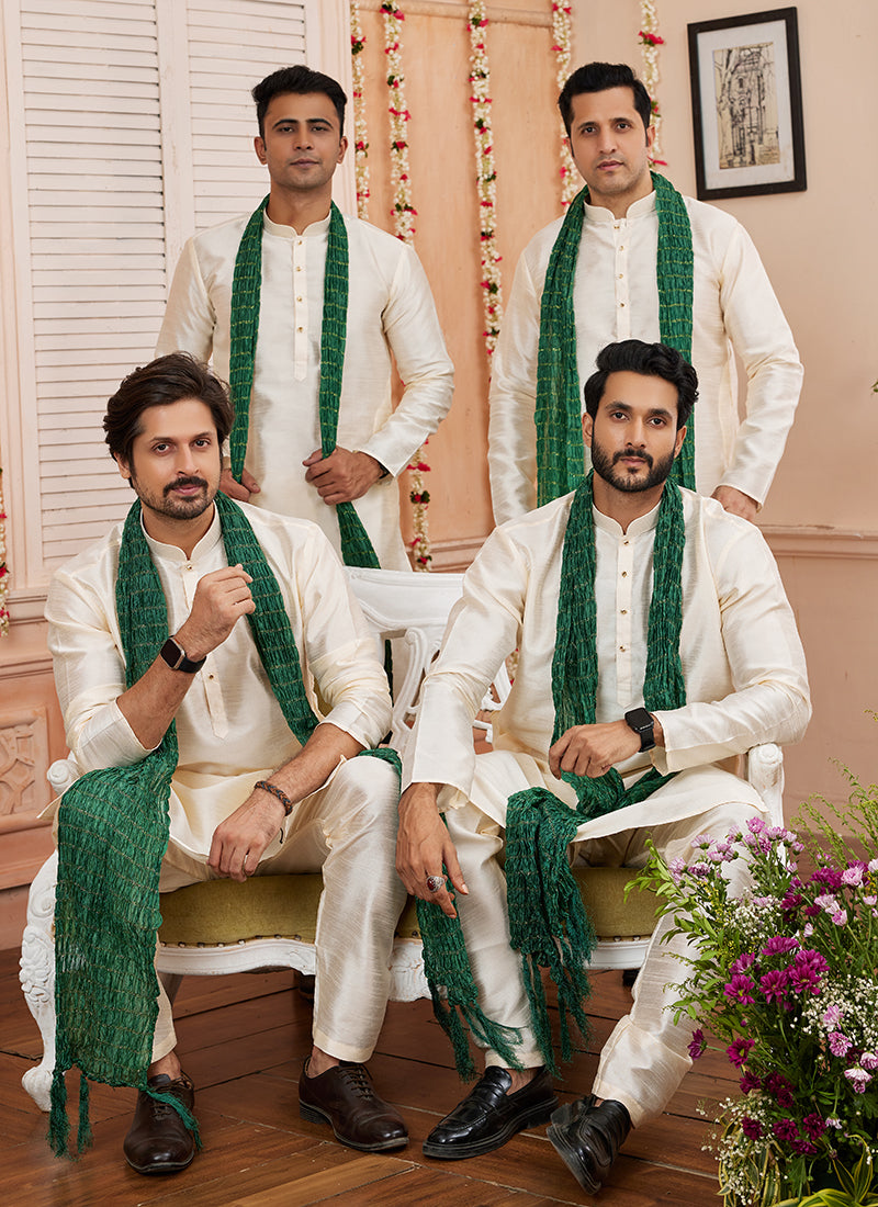 Art Silk Beige Festival Wear Plain Readymade Kurta Pajama 366832