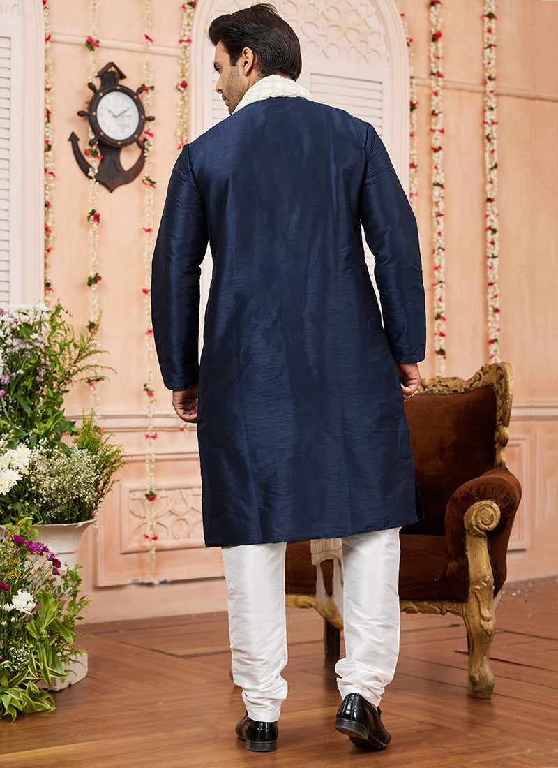 Art Silk Blue Festival Wear Plain Readymade Kurta Pajama 366833