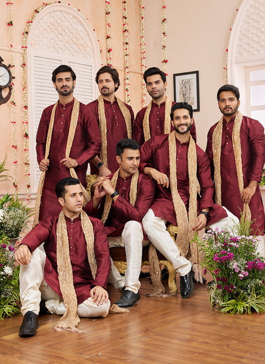 Art Silk Maroon Festival Wear Plain Readymade Kurta Pajama 366834