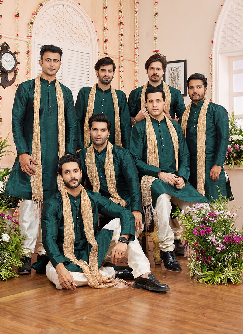 Art Silk Green Festival Wear Plain Readymade Kurta Pajama 366835