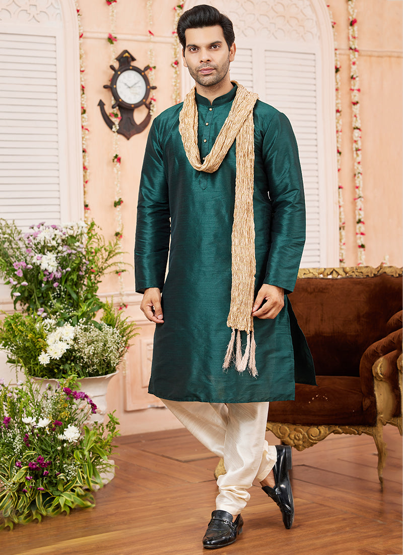 Art Silk Green Festival Wear Plain Readymade Kurta Pajama 366835