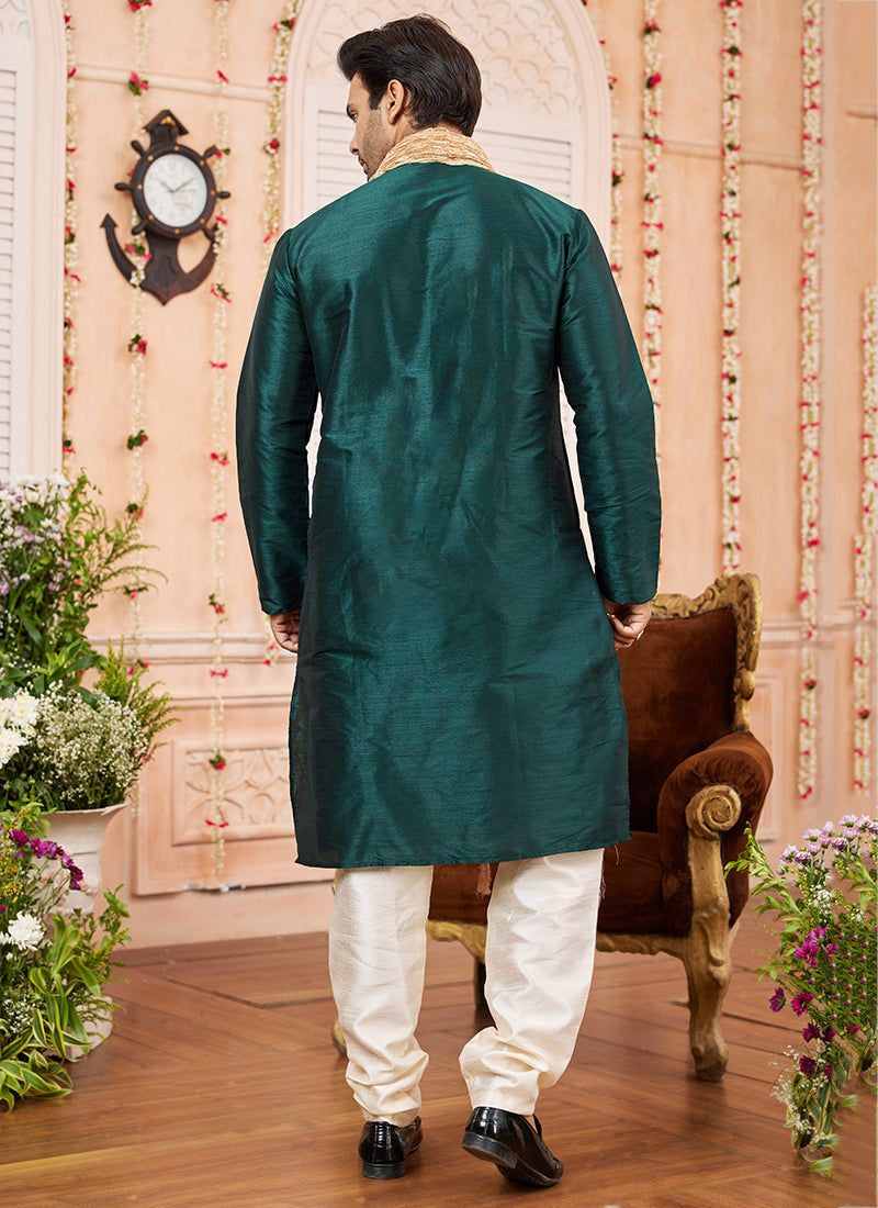 Art Silk Green Festival Wear Plain Readymade Kurta Pajama 366835