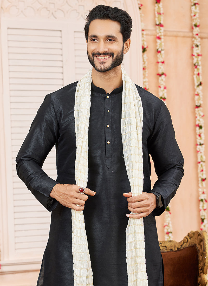 Art Silk Black Festival Wear Plain Readymade Kurta Pajama 366836