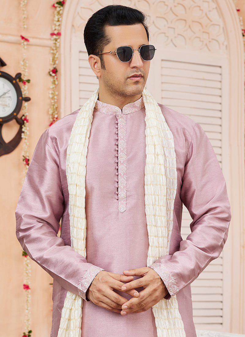 Art Silk Onion Festival Wear Plain Readymade Kurta Pajama 366839