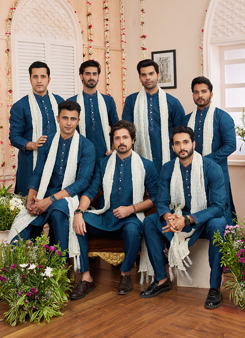 Art Silk Blue Festival Wear Plain Readymade Kurta Pajama 366840