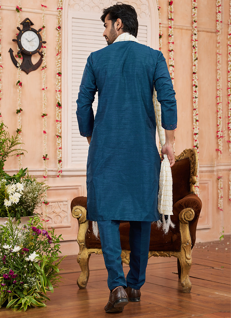 Art Silk Blue Festival Wear Plain Readymade Kurta Pajama 366840
