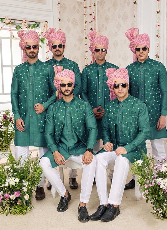 Art Banarasi Silk Green Wedding Wear Pattern Work Readymade Indo Weartern Sherwani 357961