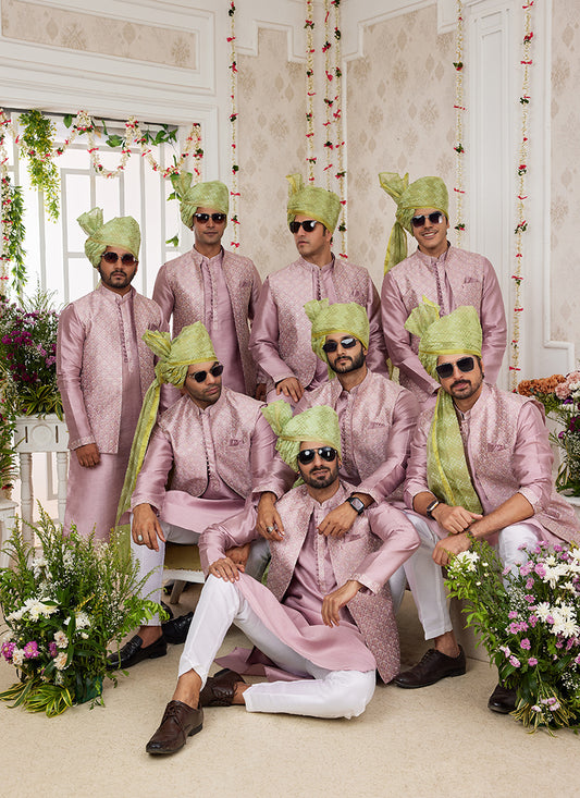 Art Banarasi Silk Onion Wedding Wear Pattern Work Readymade Indo Weartern Sherwani 357962