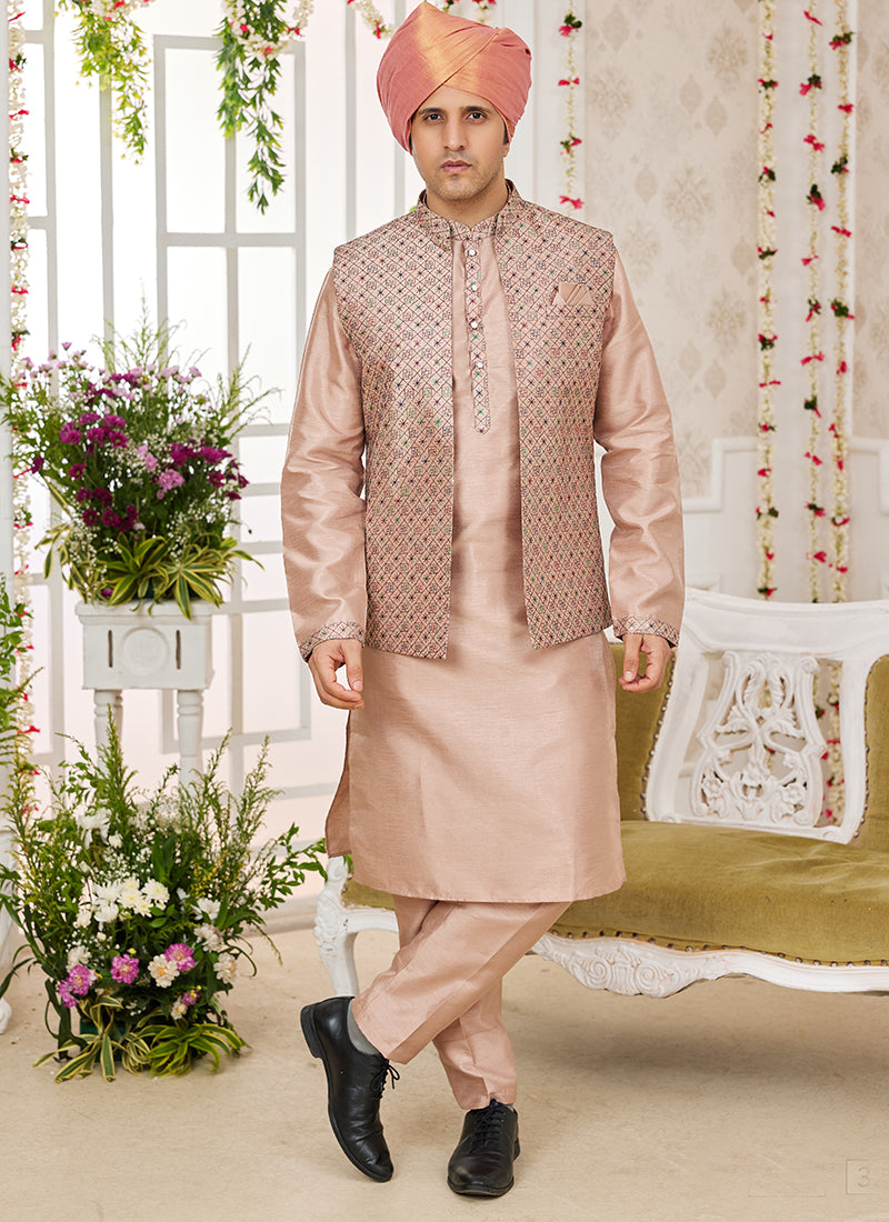 Art Banarasi Silk Dark Vanilla Wedding Wear Pattern Work Readymade Indo Weartern Sherwani 357964