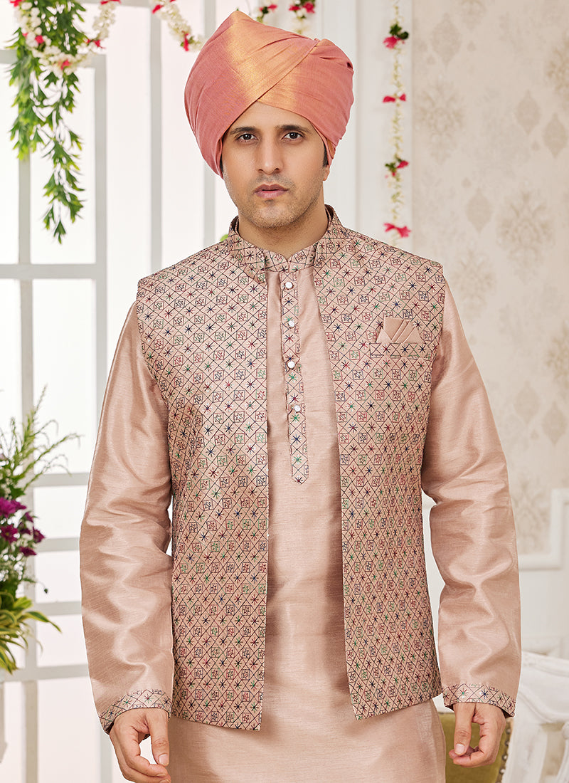 Art Banarasi Silk Dark Vanilla Wedding Wear Pattern Work Readymade Indo Weartern Sherwani 357964