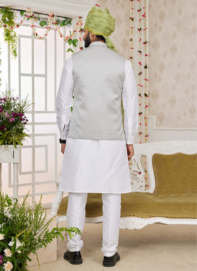 Art Banarasi Silk Gray Wedding Wear Pattern Work Readymade Indo Weartern Sherwani 357967