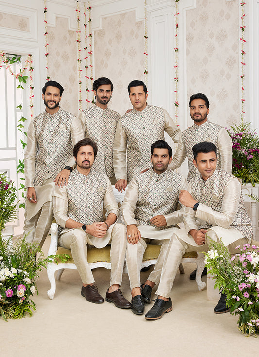Art Banarasi Silk Off White Wedding Wear Pattern Work Readymade Indo Weartern Sherwani 357968