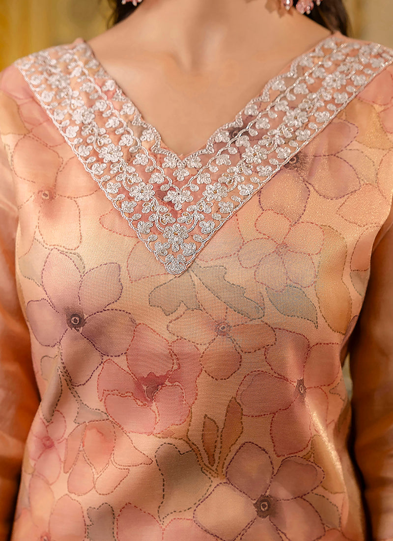 Silk Blend Peach Casual Wear Embroidery Work Readymade Kurti 381492