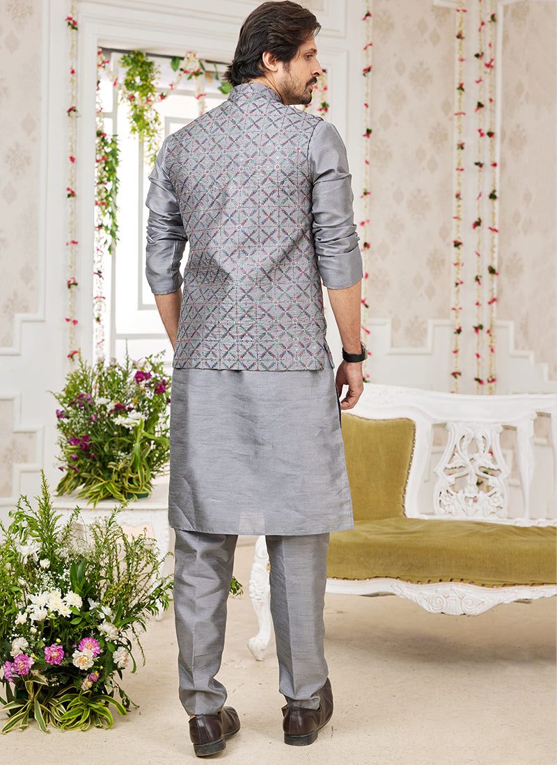 Art Banarasi Silk Dark Gray Wedding Wear Pattern Work Readymade Indo Weartern Sherwani 357969