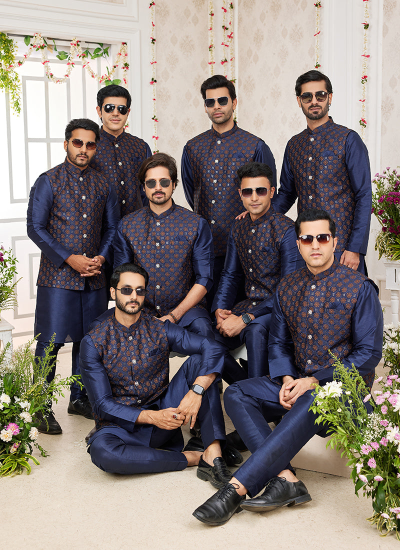 Art Banarasi Silk Navy Blue Wedding Wear Pattern Work Readymade Indo Weartern Sherwani 357971