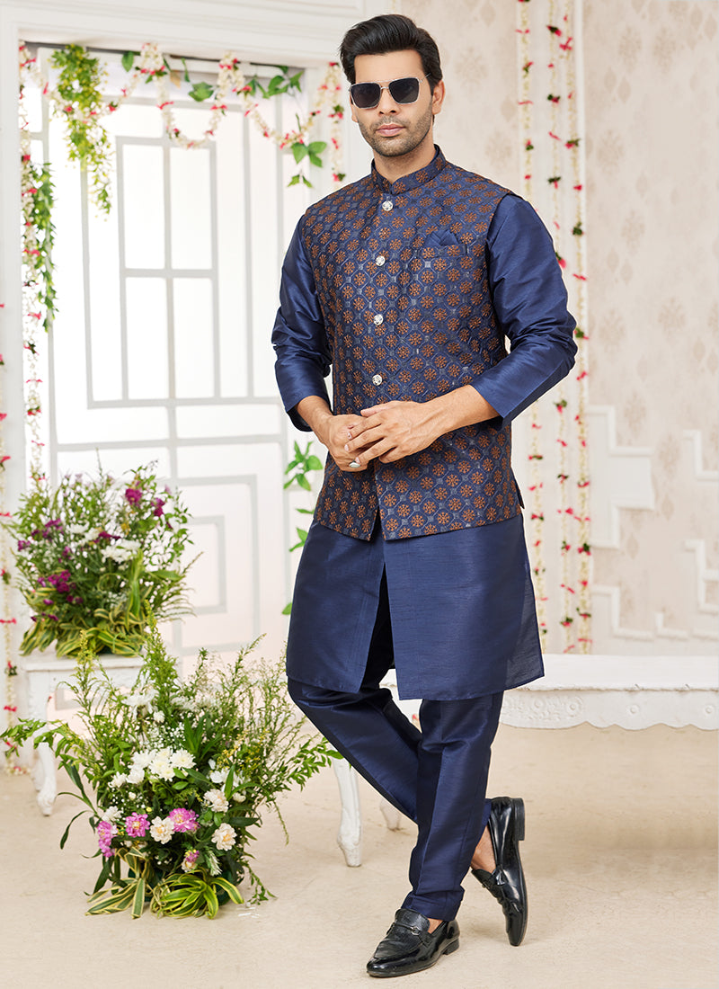 Art Banarasi Silk Navy Blue Wedding Wear Pattern Work Readymade Indo Weartern Sherwani 357971