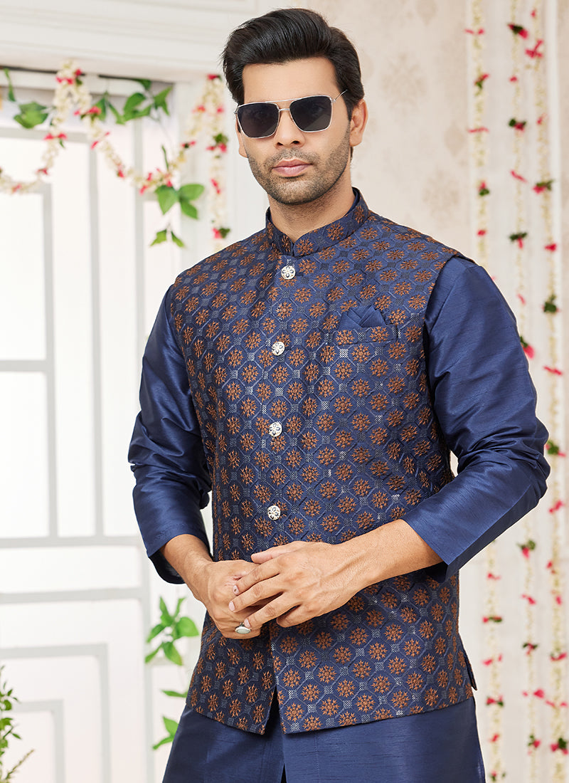 Art Banarasi Silk Navy Blue Wedding Wear Pattern Work Readymade Indo Weartern Sherwani 357971