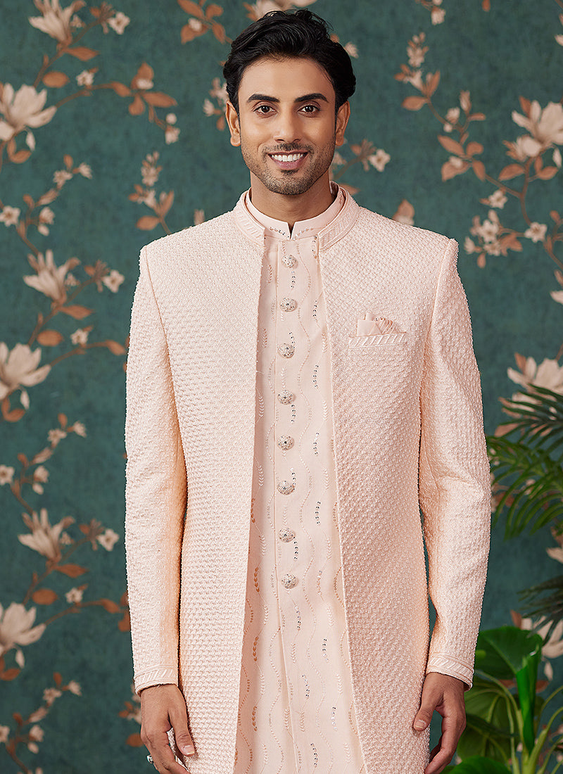 Art Silk Peach Groom Wear Thread Work Readymade Sherwani 364152