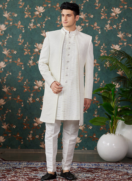 Art Silk Cream Groom Wear Thread Work Readymade Sherwani 364153